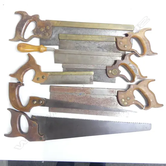 Eight vintage handsaws, mostly smaller, includes hacksaws, tenon, etc.