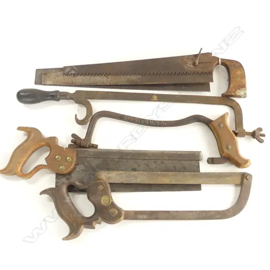 Five old tenon saws, all with bar form backs; three brass, beech wood handles