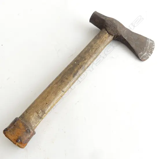 An old settler's axe, short wood handled w cast iron head & leather strapped butt. Borer, L.325mm