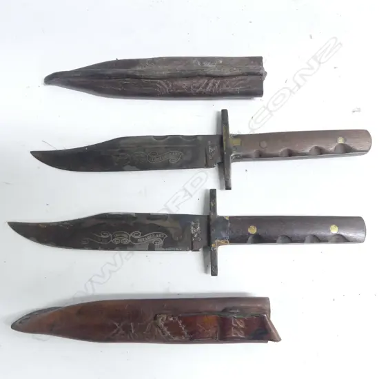 Two replica  clip blade  knives by I*XL Sheffield England, with wooden handles,