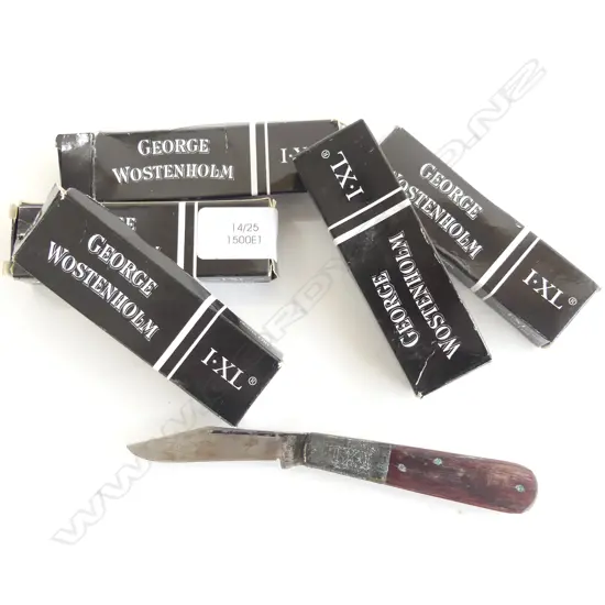 Six  George Wostenholm clip blade folding clasp knives by I*XL Sheffield England with wooden handles