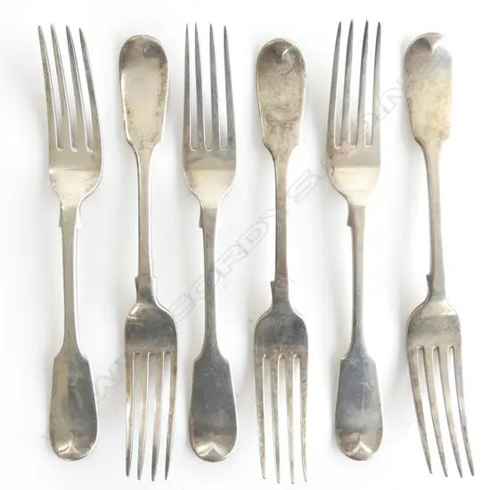 A set of six Victorian period sterling silver large table forks London 1865 by Geo Angel. 448gm.