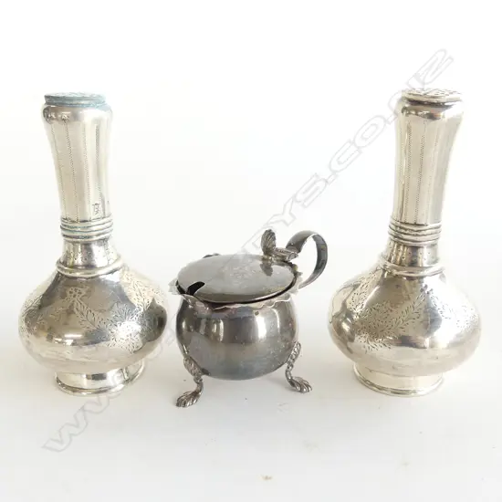 A pair of sterling silver vase shaped pepper shakers London 1856 along with a  silver small mustard pot dented. Total  ~160gm