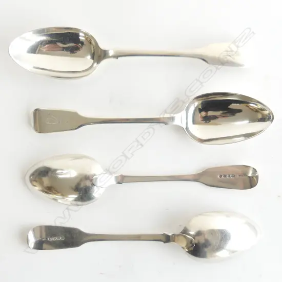 A set of four heavy William IV period crested fiddle pattern silver tablespoons, London 1831, by A.B. Savory. 298gm