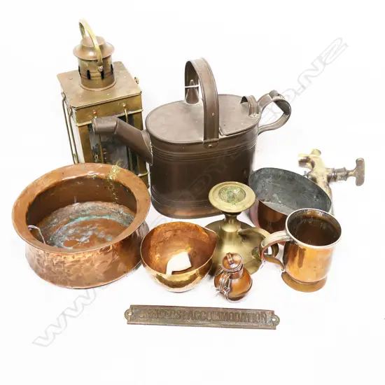 A brass lantern, brass tap, brass candlestick, copper mug and other misc. copper, etc