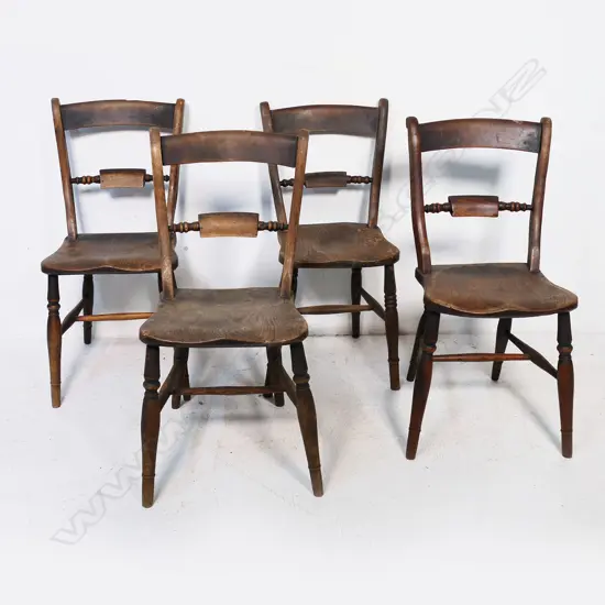Four 19thC country elm and beech dining chairs, shaped seats, the rail backs with turned supports, turned legs and stretchers.