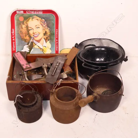 A Stanley 45 moulding plane and accessories, along with two old glue pots, and some tools