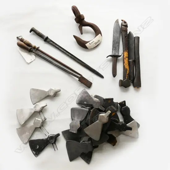 Box of film prop fake axe heads, bayonet, knives. Rubber, metal.  Ex River Queen movie
