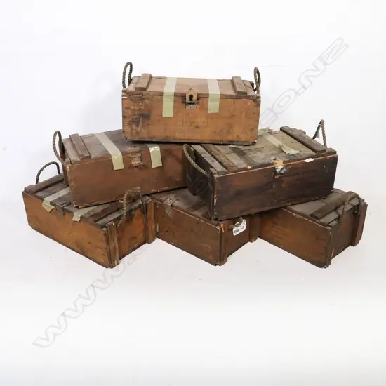 Six pine wooden ammunition boxes with hinged lids with clasp lock and rope carrying handles