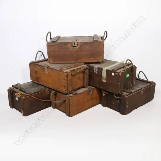 Six pine wooden ammunition boxes with hinged lids with clasp lock and rope carrying handles