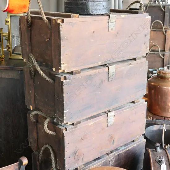 Six pine wooden ammunition boxes with hinged lids with clasp lock and rope carrying handles
