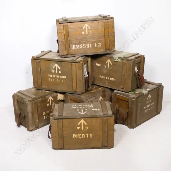 Seven pine wooden ammunition boxes with lids with leather carrying handles