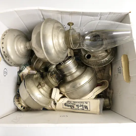 Box of Victorian paraffin lamp and lamp parts