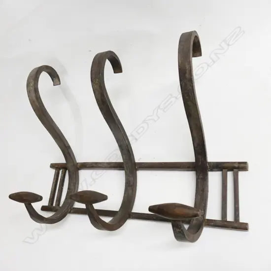 Coat rack wooden wall mounted, with three large wooden S-shaped hooks