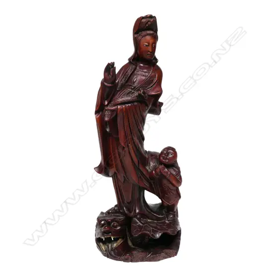 CHINESE CARVED WOOD FIGURE WOMAN w CHILD...
