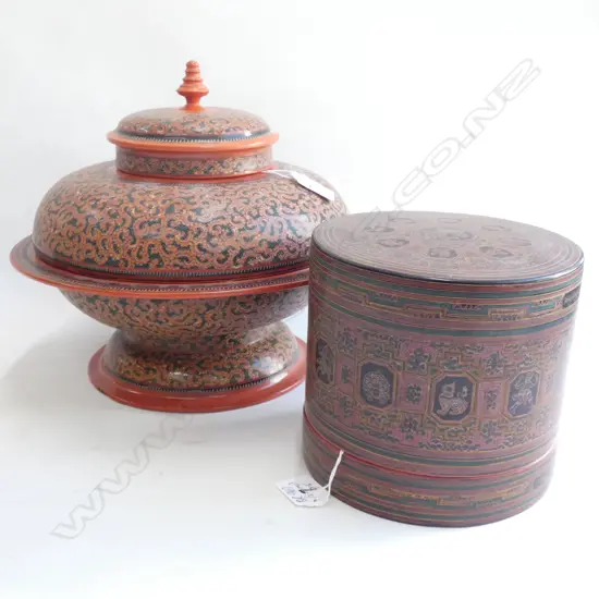 2 ORANGE & GREEN LACQUERED CONTAINERS