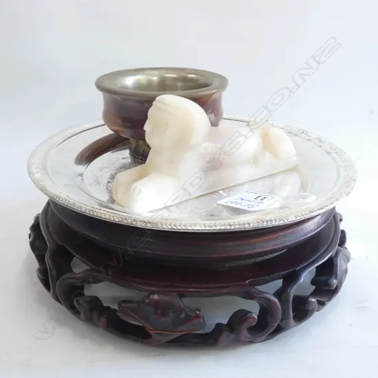4 ITEMS: ROSEWOOD STAND. PLATED SALVER. ONYX SPHINX..