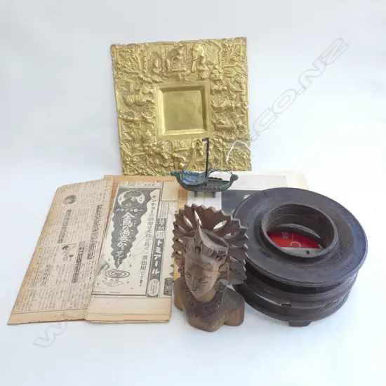 4 ITEMS:THAI BRASS DISH. MODERN BUST. DOCUMENTS VIKING BOAT