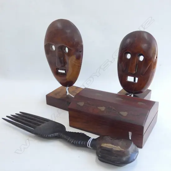 2 WOODEN MASKs ON STANDs+ BOX + COMB...