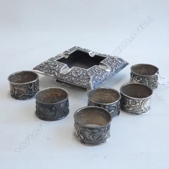 6 SILVER SERVIETTE RINGS + SILVER ASHTRAY