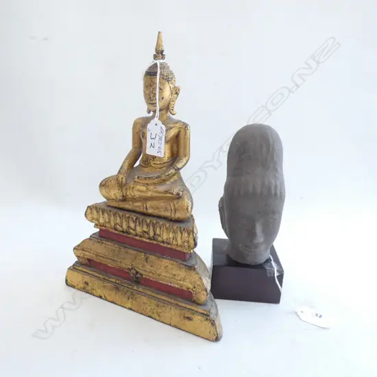 ORIENTAL CARVED STONE HEAD + GILDED BUDDHA...