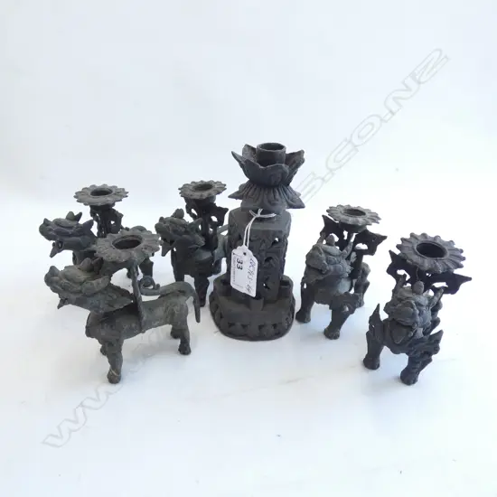 6 PCE ORIENTAL BRONZE SHISHI CANDLE STAND SET