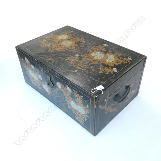 BLACK LACQUER CHEST/TRUNK BIRDS FLORALS & GILT