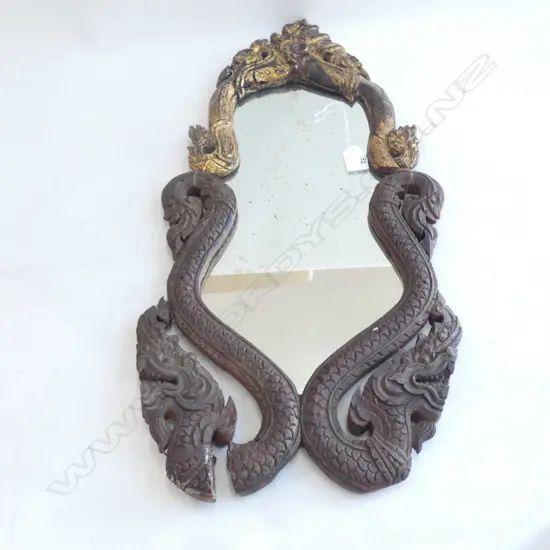 OLD DRAGON CARVED WALL MIRROR GILDED A.F