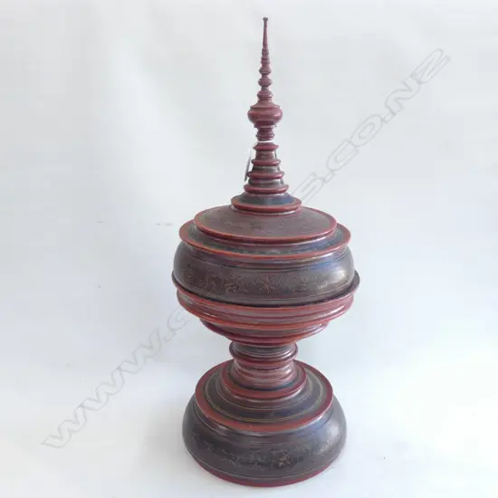 ORIENTAL LIDDED TURNED CONTAINER RED LACQUERED & GILDED