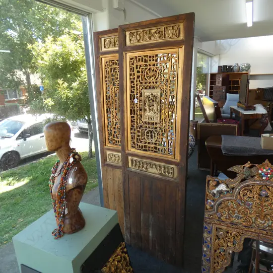 2 OLD lge CHINESE CARVED DOORS PIERCED & GILDED