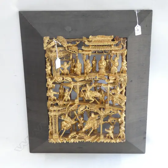 CHINESE CARVED & GILDED PANEL FRAMED 475 X 575mm