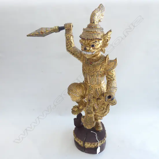 THAI CARVED COLOURED WOOD GILDED GOD W 1 SWORD