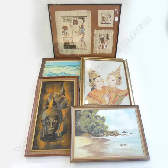 5 ARTWORKS: OLD OIL PAINTING. TAPESTRY. PRINTS & PAPYRUS