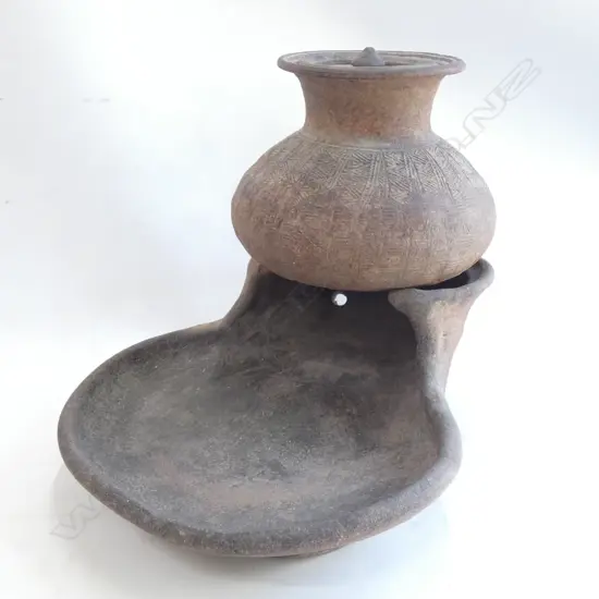 OLD INDONESIAN POTTERY FIRE POT IN BURNER STAND