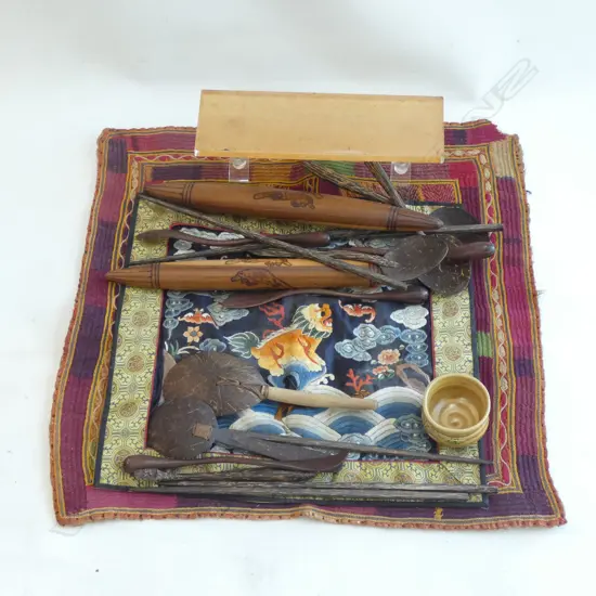 2 ASIAN TEXTILES + ASST WOODEN UTENSILS ETC