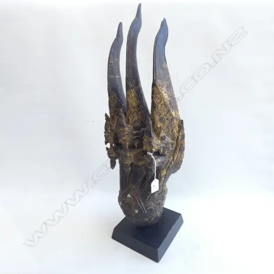 OLD INDONESIAN CARVED & GILDED 3 DRAGON HEADED CANOE PROW