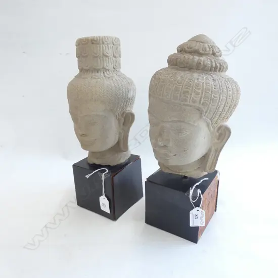 2 CARVED SANDSTONE BUDDHA HEADS BLOCK BASES