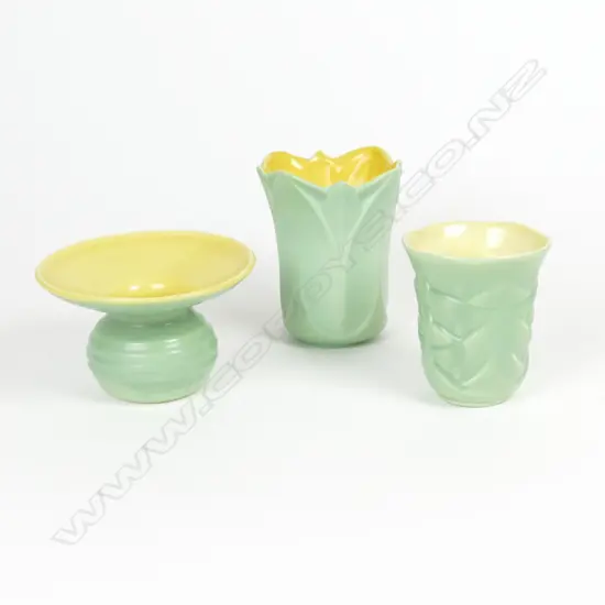 3 GREEN GLAZED C.L. VASES, YELLOW INT; 54, 62 & 80