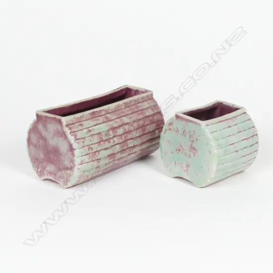 2 RED/GREEN RIBBED CROWN LYNN TROUGH VASES