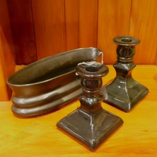 PR BLACK C/LYNN CANDLESTICKS & 1 TROUGH VASE