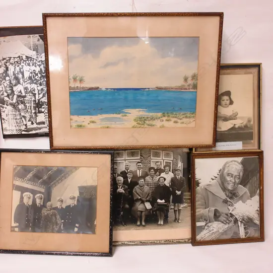 Five photos of historic Tainui Maori figures and a watercolour of Ngatangua Harbour Rarotonga
