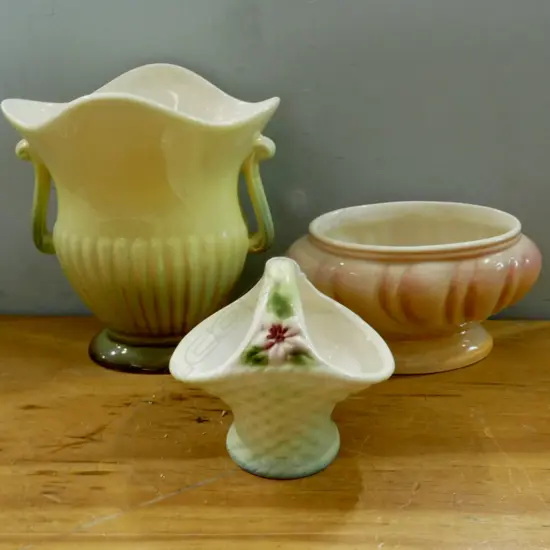 3 C/LYNN GLAZED PCS; 2 VASES & 1 BASKET