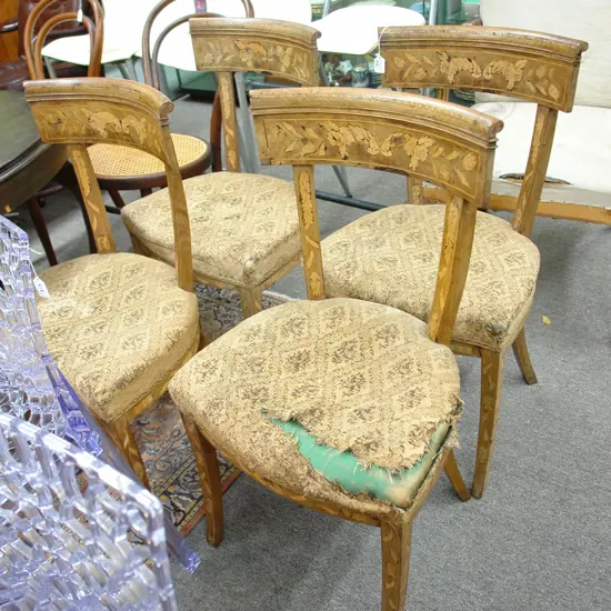 4 19THC MARQUETRY INLAID SIDE CHAIRS SABRE LEGS