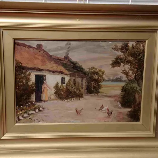 WYLIE - OIL - WOMAN FEEDING HENS