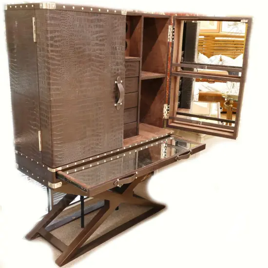 Rich brown leather with crocodile finish covered cocktail cabinet