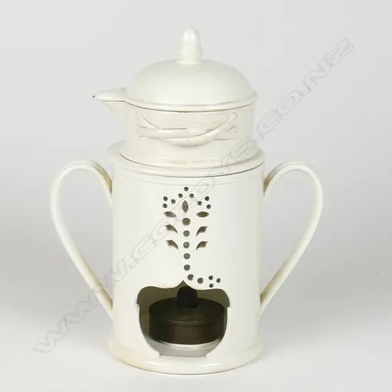 An antique creamware food warmer