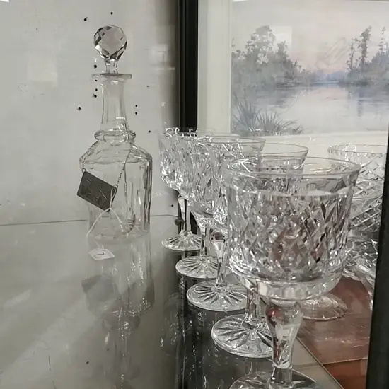 ANT.CRYSTAL DECANTER-LABEL-5 CRYSTAL WINE GLASSES