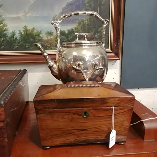 ANTIQUE TEA CADDY AF & EP SPIRIT KETTLE