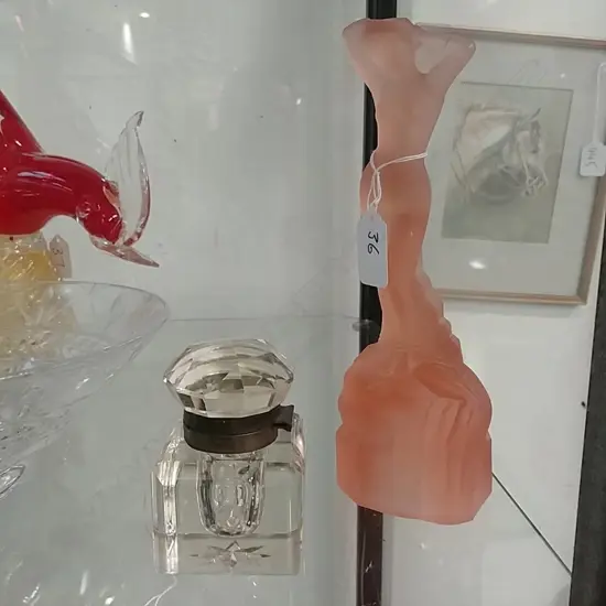 PINK FROSTD GLASS FIG. & GLASS INKWELL