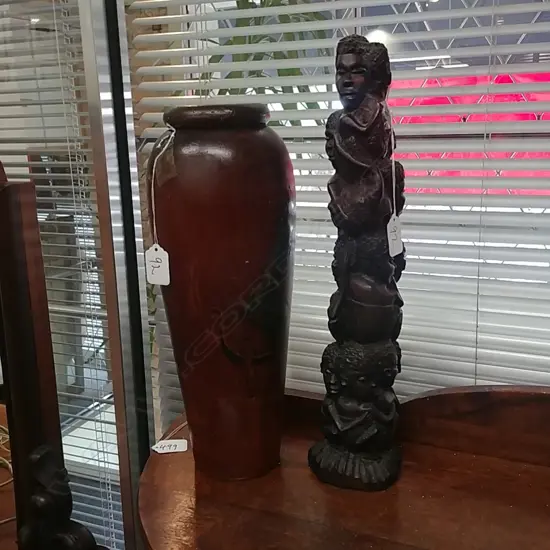 AFRICAN CARVED FIGURE AND WOODEN VASE